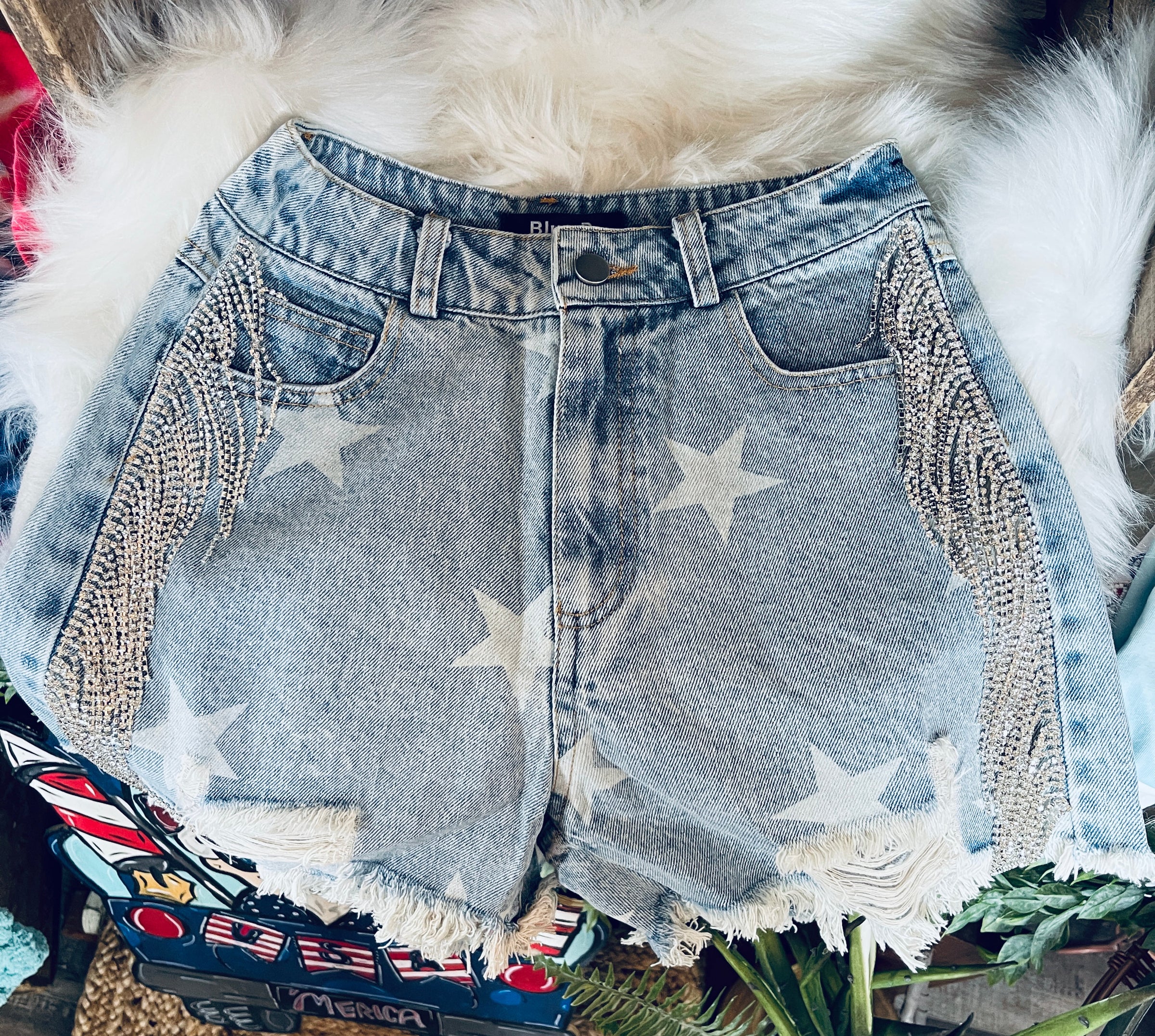 Star shorts with rhinestone side Fringe